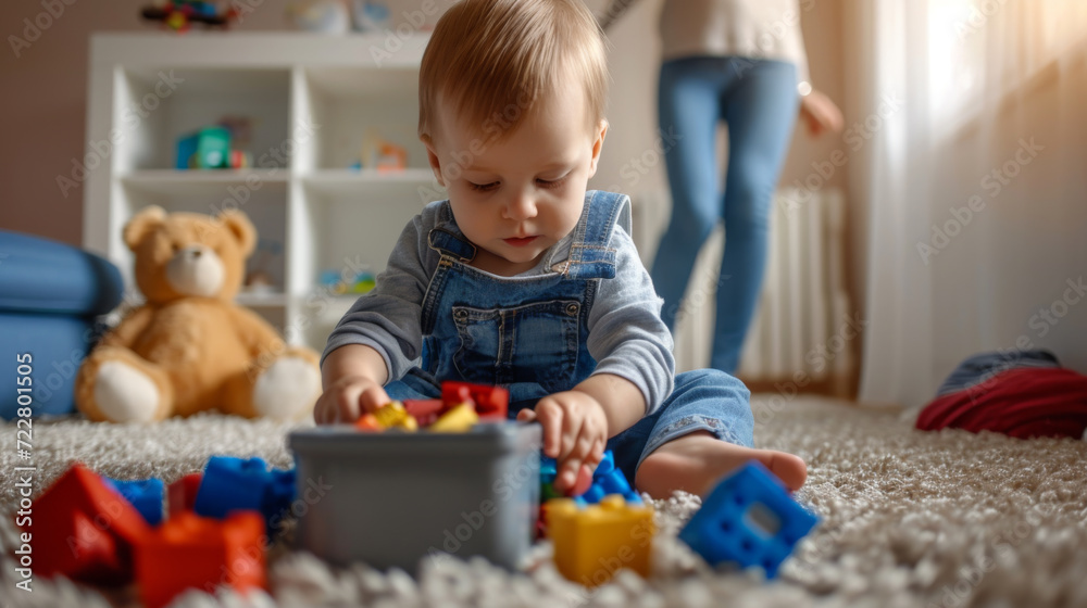 young child is focused on playing with colorful building blocks on a plush carpet young child is focused on playing with colorful building blocks on a plush carpet