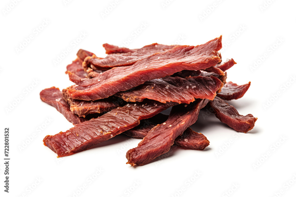Meat Jerky Isolated, Dry Salted Chicken Slices, Small Pieces of Dehydrated Beef, Beer Snacks, Dried Pork Meat Jerky Isolated, Dry Salted Chicken Slices, Small Pieces of Dehydrated Beef, Beer Snacks, Dried Pork