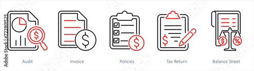 A set of 5 accounting icons as audit, income, policies