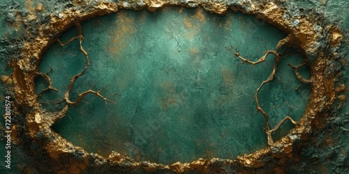 Plate with Branches in the Style of Dark Cyan and Gold - Hyperrealistic Fantasy layered Venee in Industrial Texture Columns and Totems Background Style created with Generative AI Technology