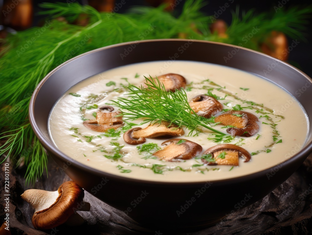 Cream Mushroom Soup with Porcini or Bay Boletes in White Restaurant Bowl, Wild Eco Mushrooms Dish Cream Mushroom Soup with Porcini or Bay Boletes in White Restaurant Bowl, Wild Eco Mushrooms Dish