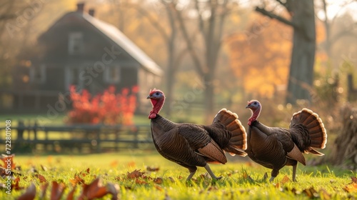 Turkeys walk on the grass in the yard of a classic American farm