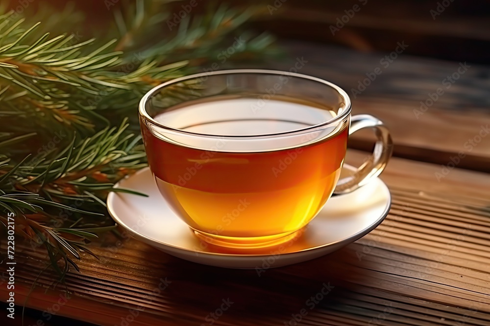 Pine Needles Tea in White Cup, Healthy Winter Beverage in Camping, Pine Tree Needles Tea in Mug Pine Needles Tea in White Cup, Healthy Winter Beverage in Camping, Pine Tree Needles Tea in Mug