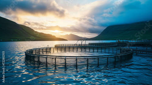 Salmon fish farm in the ocean waters at faroest