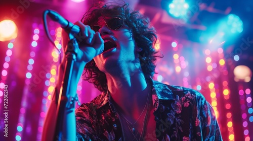 Young curly handsome guy sings karaoke photo