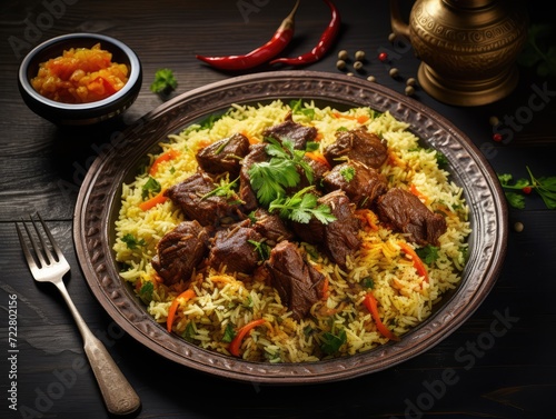 Pilau on Green Plate  Beef Pilaf  Traditional Asian Dish Plov also known as Polow  Pilav  Pallao  Pulao  Palaw