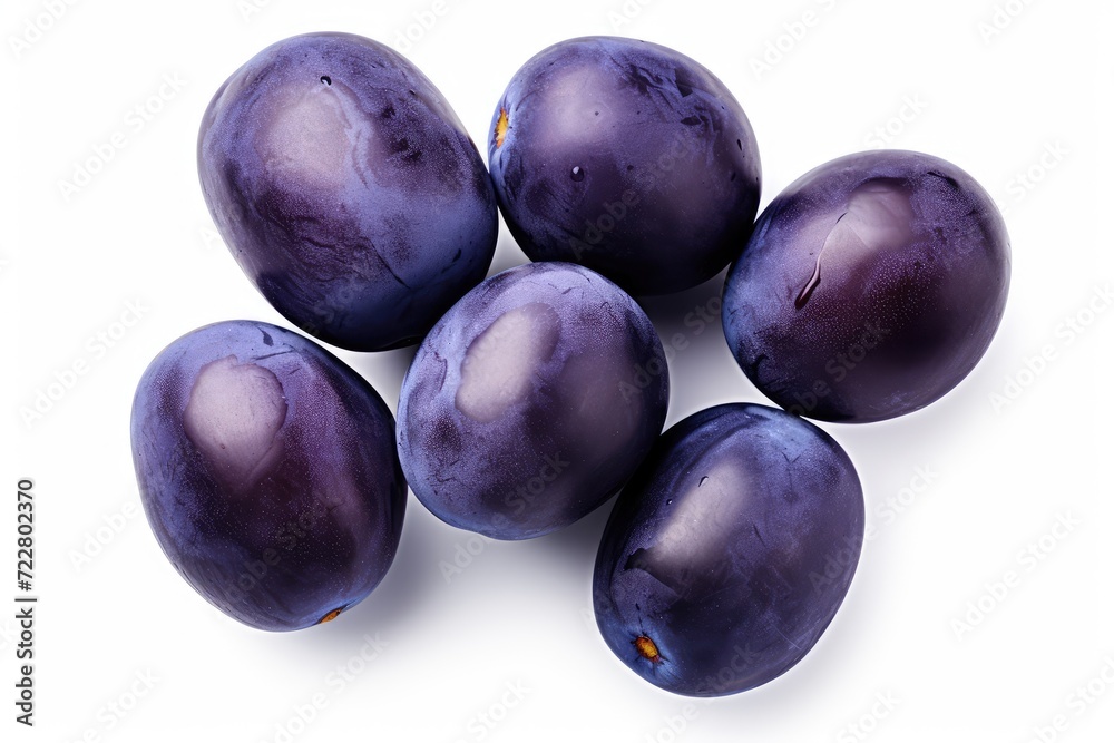 Plum Isolated, Whole Blue Prune, Ripe Fresh Plums, Dark Blue Healthy Fruits