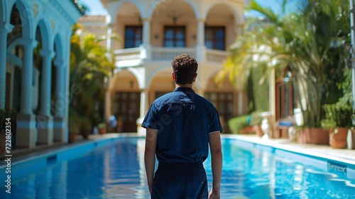 Handsome young worker in blue uniform cleaning blue swimming pool in classic ...