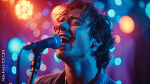 Young curly handsome guy sings karaoke