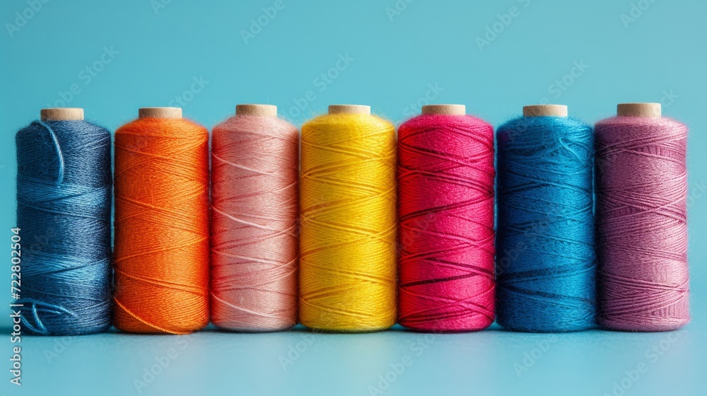 Multi-colored sewing threads lie in a row on a minimalistic bright background Multi-colored sewing threads lie in a row on a minimalistic bright background