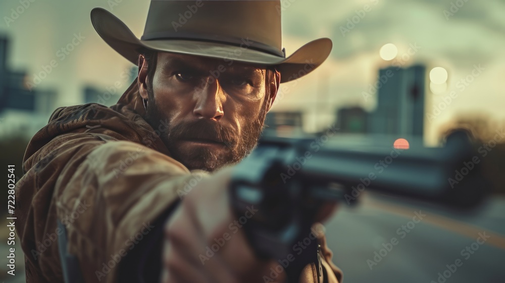 Handsome cool Texas Ranger with a gun looking at the camera Handsome cool Texas Ranger with a gun looking at the camera