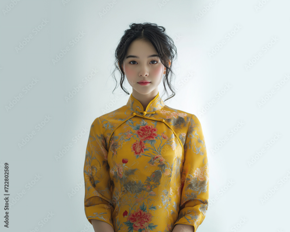 girl in gold cheongsam for Chinese happy new year concept girl in gold cheongsam for Chinese happy new year concept