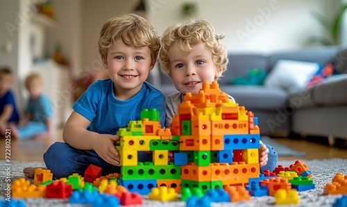Two five-year-old boys are building a house from a multi-colored construction...
