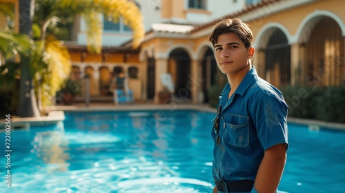Handsome young worker in blue uniform cleaning blue swimming pool in classic ...