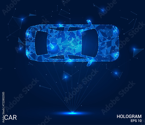 A hologram of a car. A car made of polygons, triangles of dots and lines. Car top view low-poly compound structure. Technology concept vector.