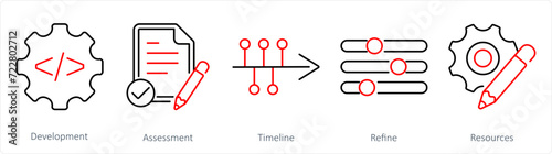 A set of 5 Action plan icons as development, assessment, timeline
