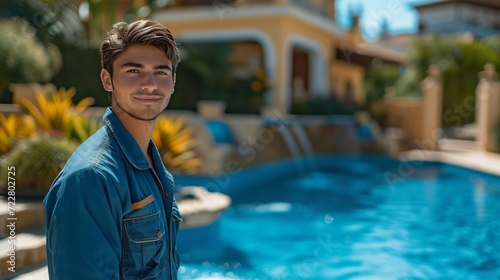 Handsome young worker in blue uniform cleaning blue swimming pool in classic ...