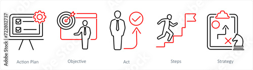A set of 5 Action plan icons as action plan, objective, act