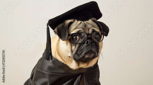 Portrait of pug dog wearing a graduation cap and glasses.