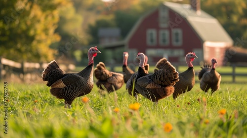 Turkeys walk on the grass in the yard of a classic American farm