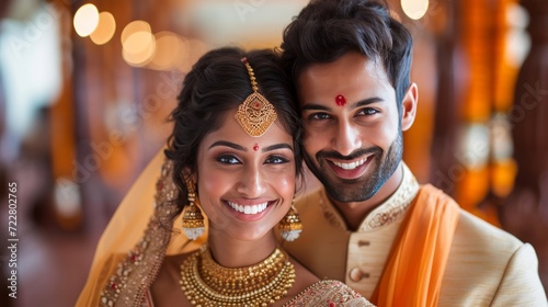 Happy beautiful and indian couple smiling looking at camera while standing against blurred indian © olegganko