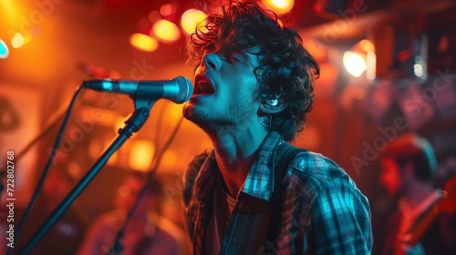 Young curly handsome guy sings karaoke