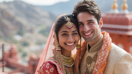 Happy beautiful and indian couple smiling looking at camera while standing ag...