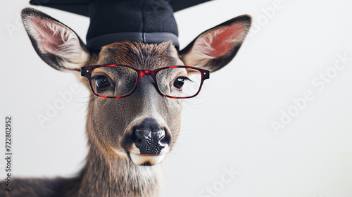 Portrait of deer wearing a graduation cap and glasses.
