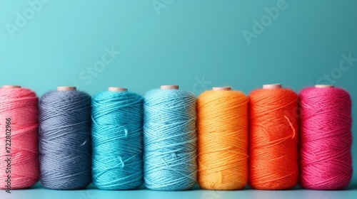 Multi-colored sewing threads lie in a row on a minimalistic bright background