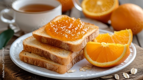 Toast with orange jam spread lies on a white plate photo