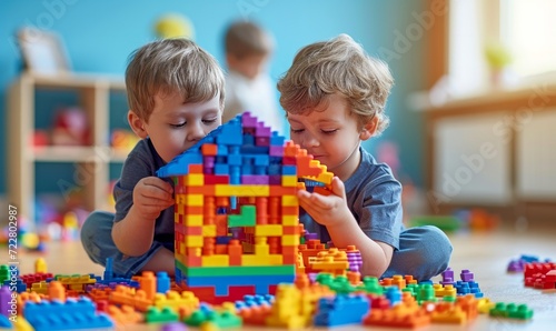Two five-year-old boys are building a house from a multi-colored construction...