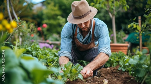 Young handsome gardener digging with a shovel in the garden