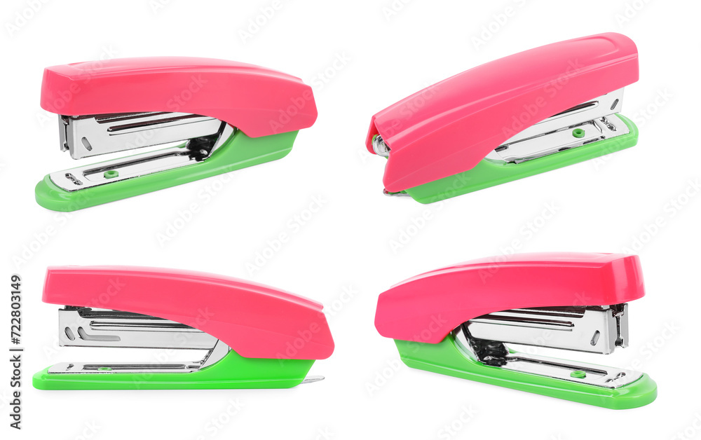 Pink and green stapler isolated on white, different sides Pink and green stapler isolated on white, different sides