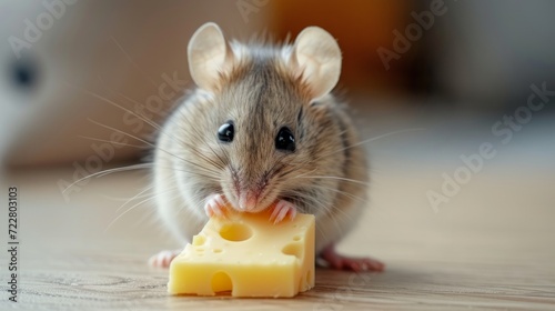 Little cute mouse eats cheese and looks at the camera