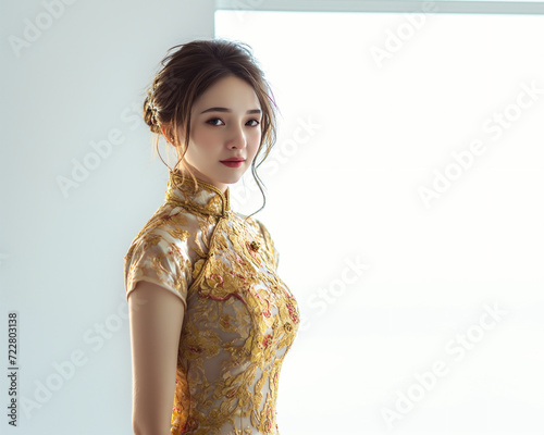 girl in gold cheongsam for Chinese happy new year concept