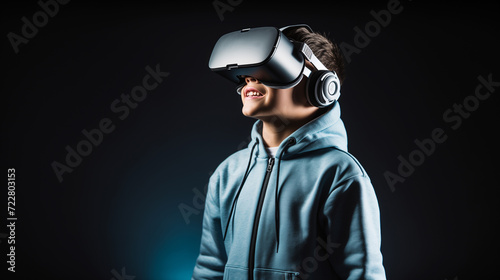 Child wearing a virtual reality headset. VR  to showcase the metaverse in action. AI Generative © ImageFusion