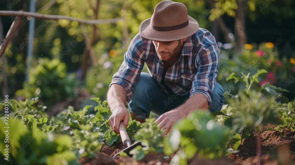 Fototapeta premium Young handsome gardener digging with a shovel in the garden