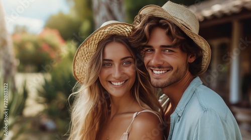 Happy American young couple walking in the garden near their country house