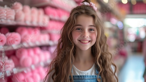 Happy young girl in a store holding pink rollers in her hands and smiling while looking at the camera