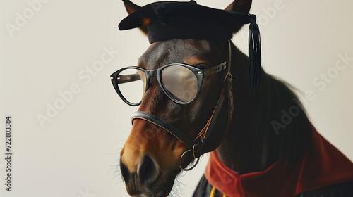 Portrait of horse wearing a graduation cap and glasses.