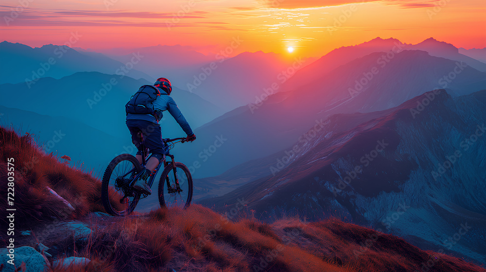 A mountain biker enjoys a breathtaking sunset view from a high scenic trail, embodying adventure and tranquility.
A mountain biker enjoys a breathtaking sunset view from a high scenic trail, embodying adventure and tranquility.
