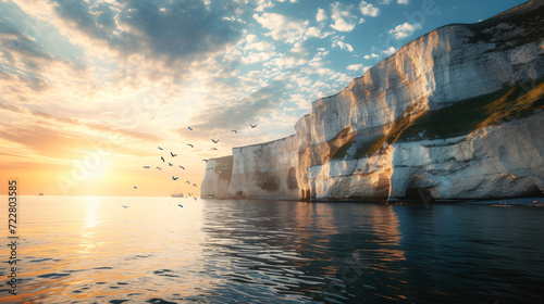 Sea with chalk cliffs at sunrise