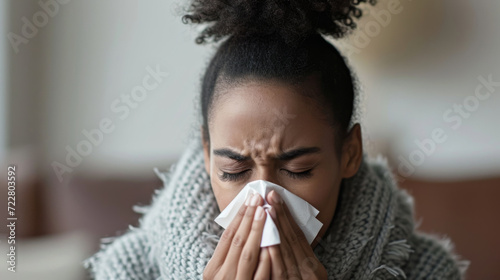 young woman is sneezing or blowing her nose into a tissue photo