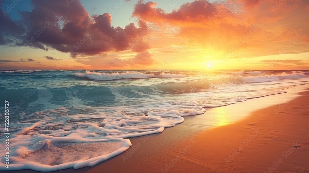The allure of a sunset envelops a sandy beach where gentle waves create a soothing melody while gracefully washing ashore. Sunset beach, gentle waves, tranquil seascape, sandy shore. Generated by AI. - obrazy, fototapety, plakaty 