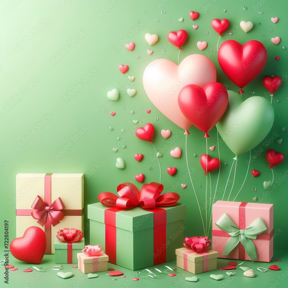 Green background with heartsballoons and gift packages with copy space