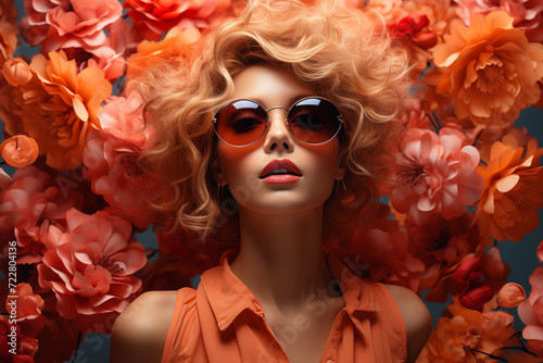 portrait of beautiful sensual woman in sunglasses among flying flowers. advert for perfume, cosmetic