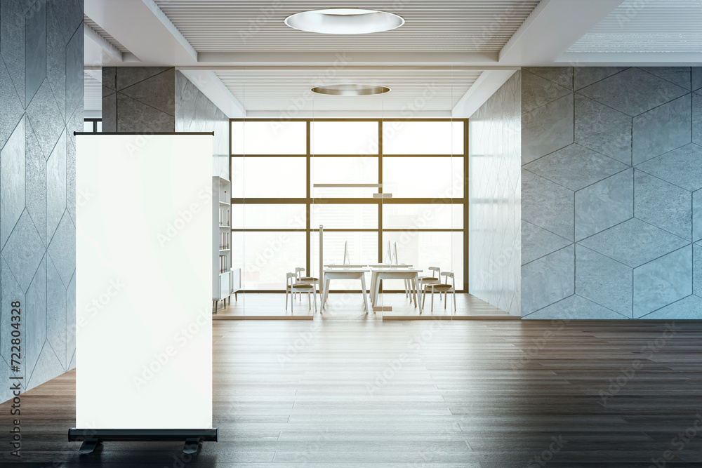 Contemporary spacious coworking office room interior with empty white mock up roll up banner and various objects. 3D Rendering. Contemporary spacious coworking office room interior with empty white mock up roll up banner and various objects. 3D Rendering.
