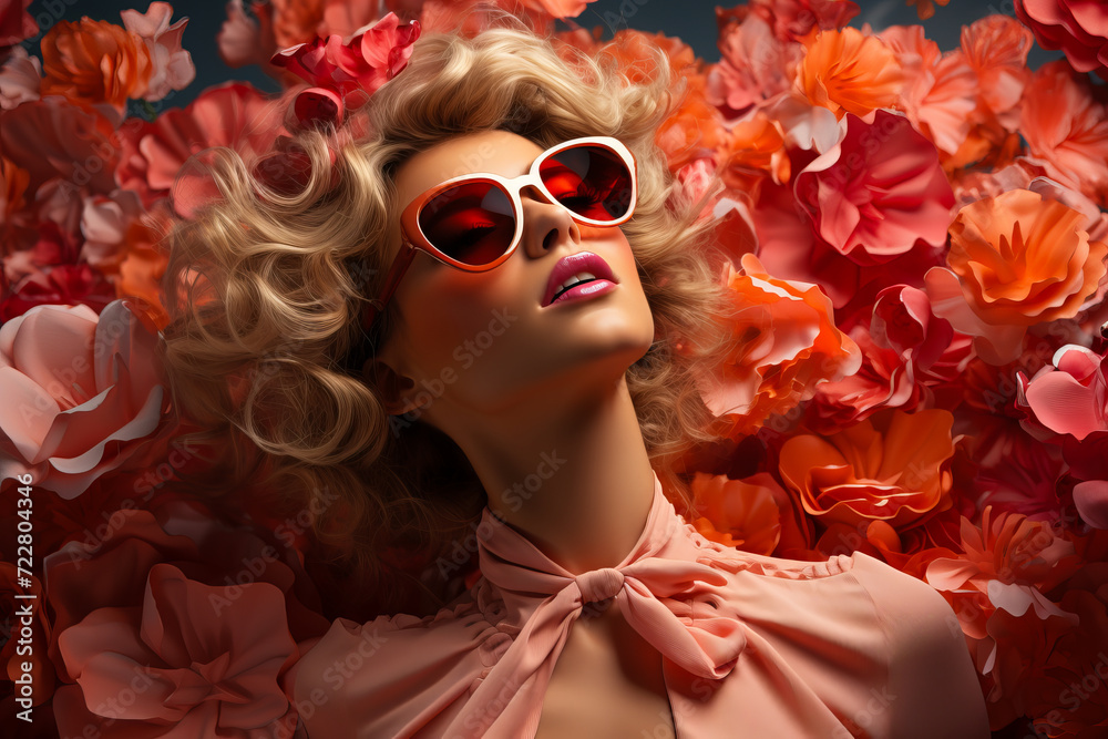 portrait of beautiful sensual woman in sunglasses among flying flowers. advert for perfume, cosmetic portrait of beautiful sensual woman in sunglasses among flying flowers. advert for perfume, cosmetic