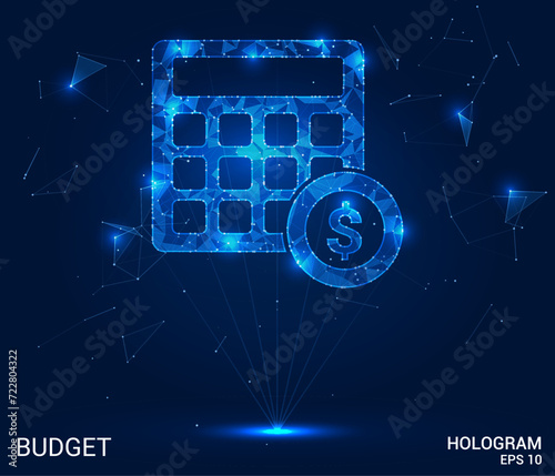 The hologram is a budget. The budget consists of polygons, triangles of points and lines. Calculator dollars are a low-poly compound structure. Technology concept vector.