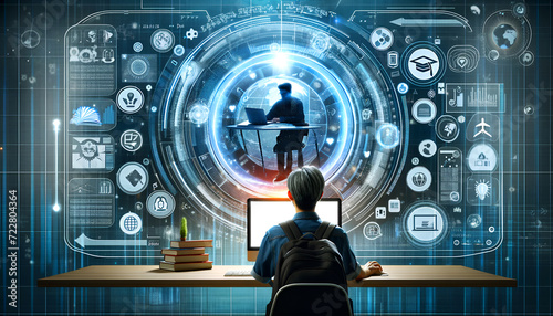 The meeting background image for Learning has been modified. The individual is now facing towards the viewer  still engaged in online learning. The image maintains the futuristic and digital theme